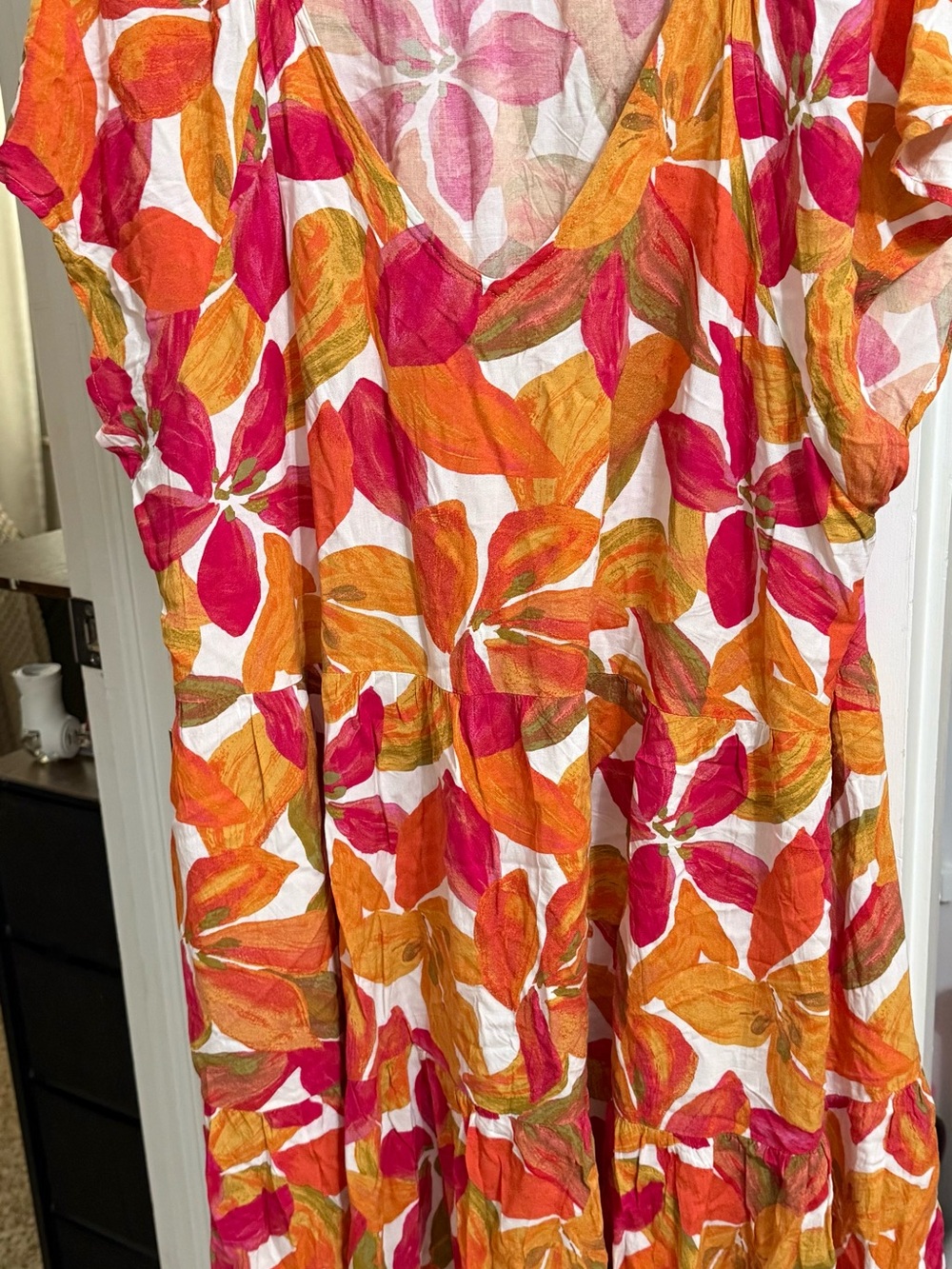 Time and Tru Floral V-Neck Maxi Dress in Pink, Orange & Cream